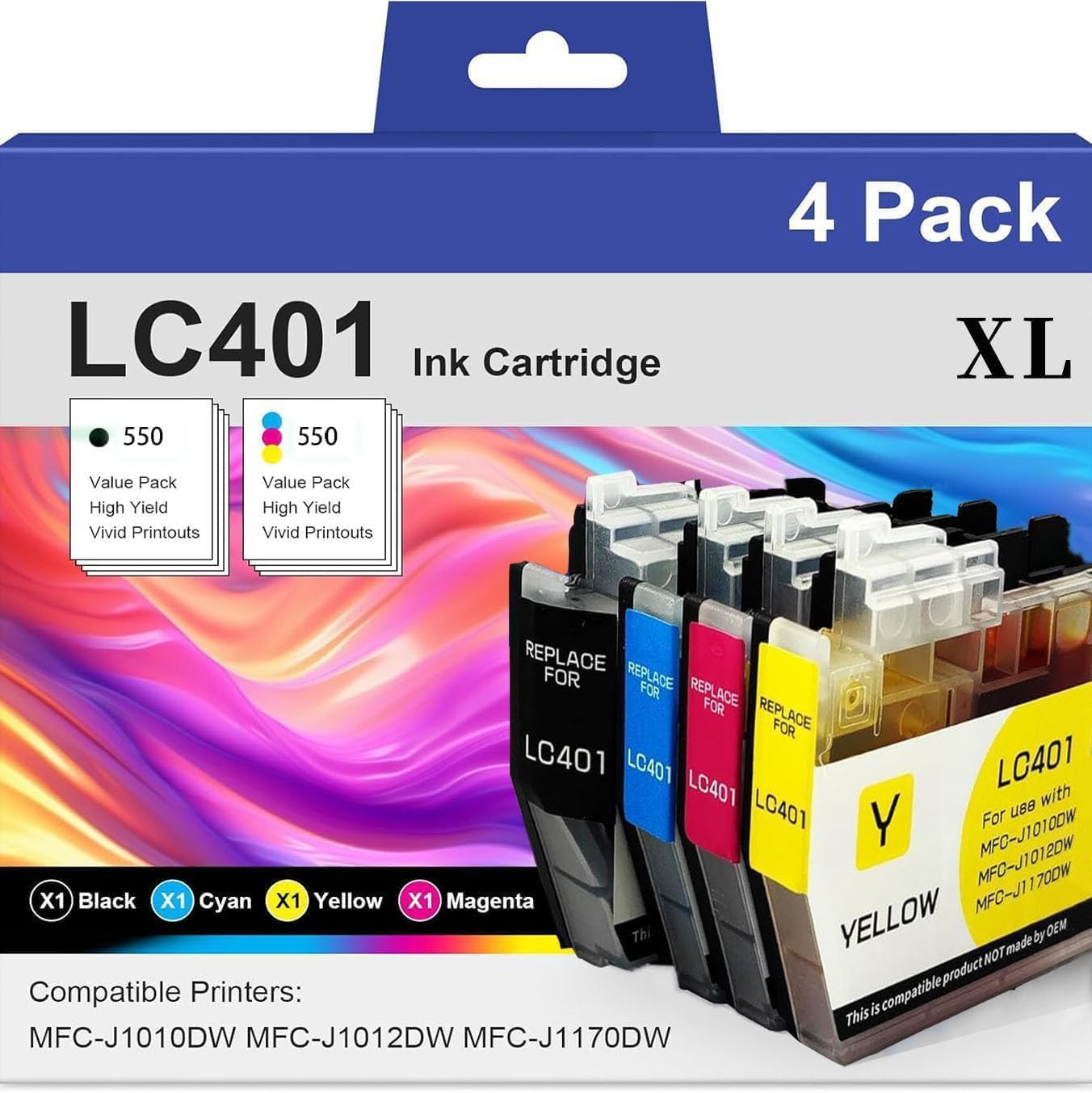 LC401XL Ink Cartridges Compatible for Brother Ink Cartridges LC401 XL Use for MFC-J1010DW MFC-J1012DW MFC-J1170DW MFC-J1800DW (Black Cyan Magenta Yellow, 4 Pack)