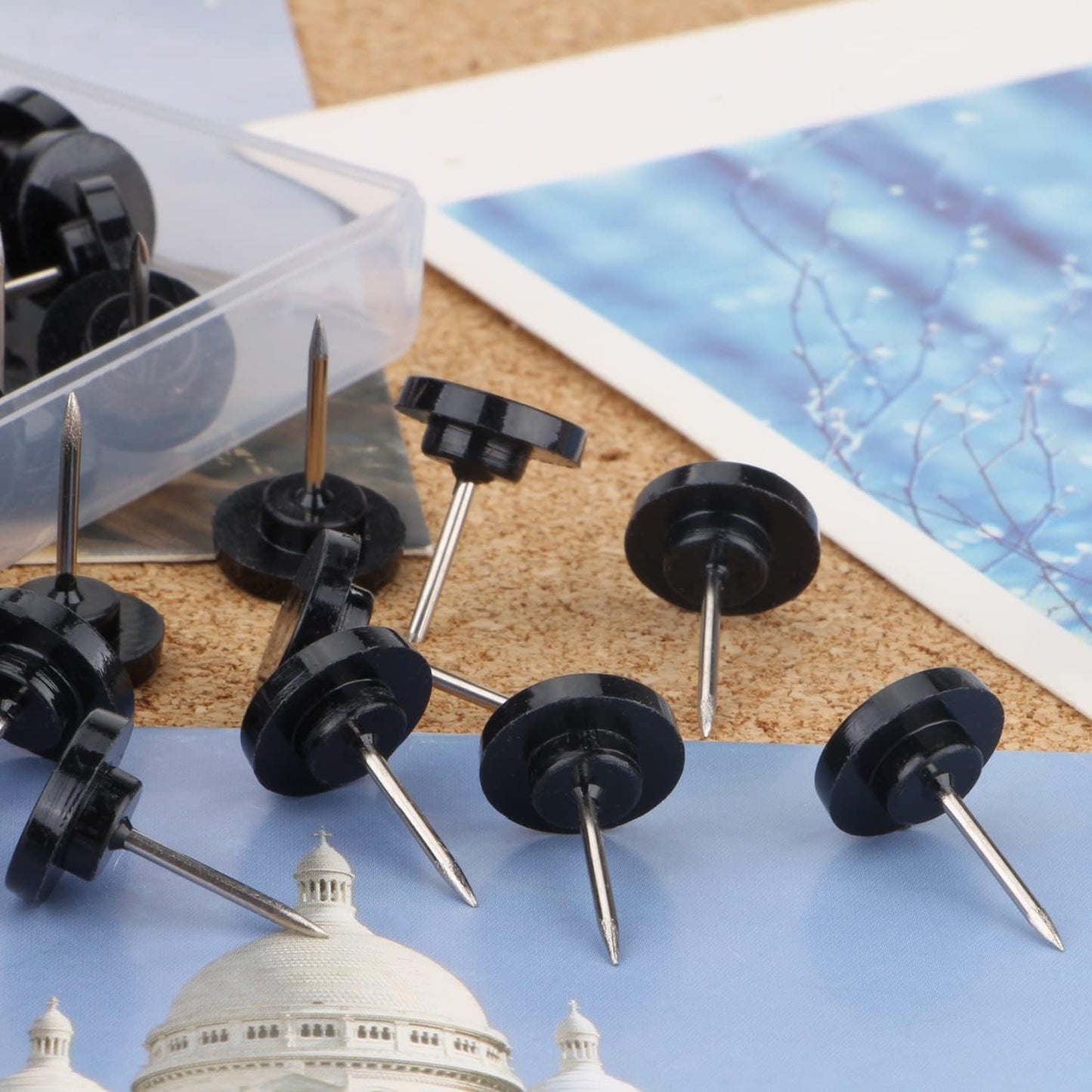 Push Pins 400-count Flat Black Thumb Tacks Steel Point and Plastic Head for Corkboard and Wooden Photo Wall
