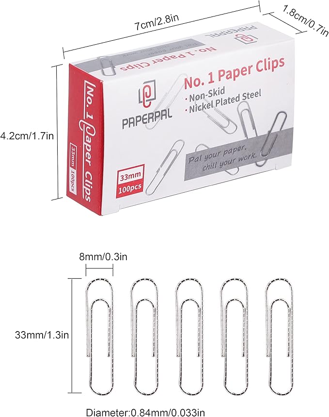 PAPERPAL #1 Nonskid Paper Clips, 600 Medium Paper Clips (6 Boxes of 100 Each), Paperclips for Office School & Personal Use, Daily DIY, 1-2/7" Silver Heavy Duty Non-Skid Paper Clip Standard Size