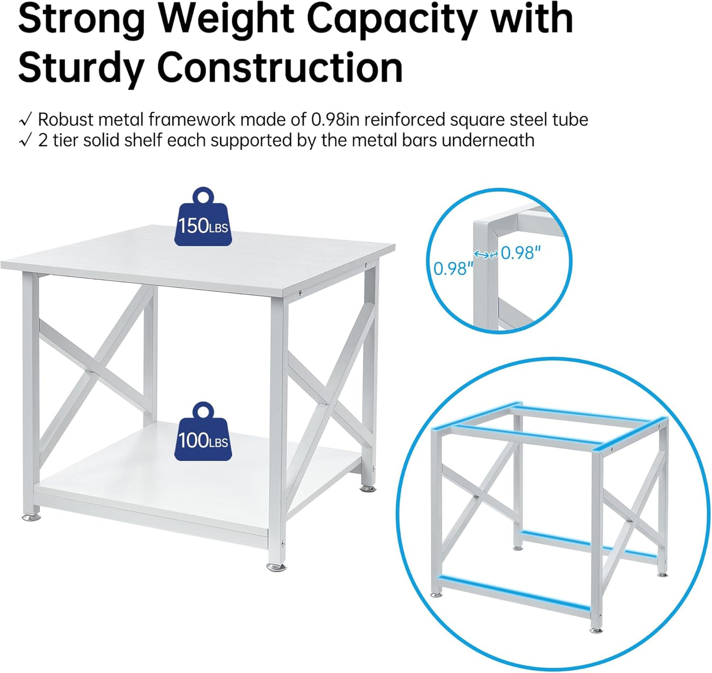 23.6 x 23.6 Inches Large Printer Stand, 2 Tier Square Printer Table with Storage Shelf for Home Office, Multi-use Rolling Cart with Wheels for Laser, 3D Printer and Mini Fridge - White