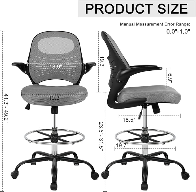 HYLONE Tall Drafting Chair Standing Desk Chair with Flip-Up Armrests, Adjustable Height Ergonomic Office Chair with Footrest Ring - High Stool Chair for Standing Desk（Grey）