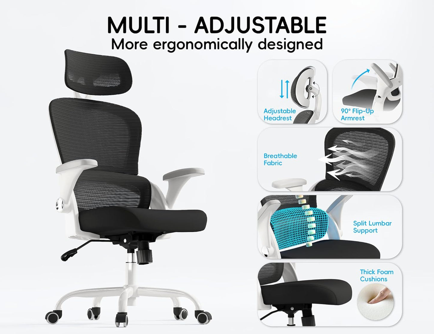 TRALT Office Chair - Ergonomic Office Chair with Back Support, Computer Chair - Home Office Desk Chairs, 330lbs Wide Seat Big and Tall Office Chairs with Headrest, Comfy Desk Chairs (White Black)