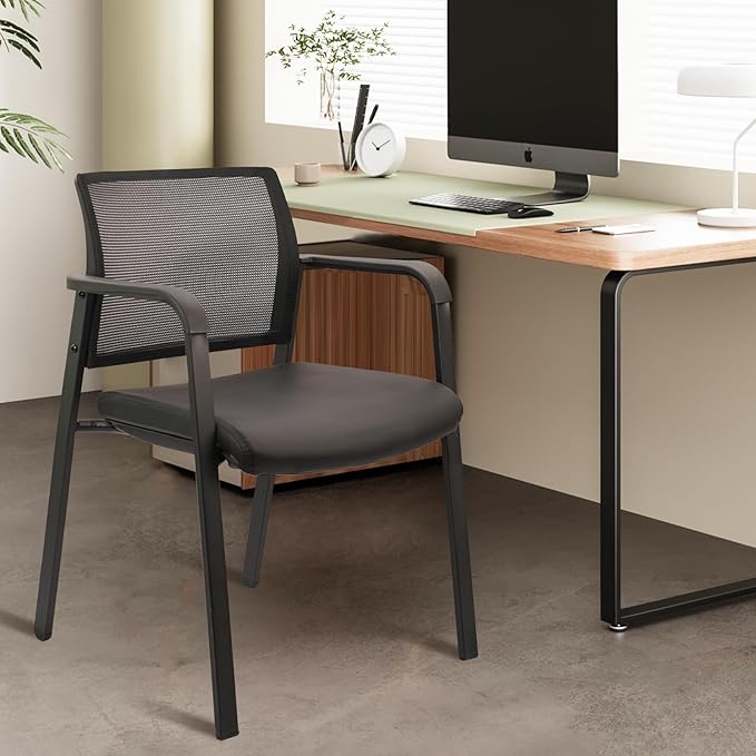 CLATINA Stackable Office Chair, Mesh Back Guest Chairs with Comfortable Leather Seat Arms Stacking Ergonomic Desk Chair No Wheels for Conference Waiting Reception School Stationary, Black, Set of 2
