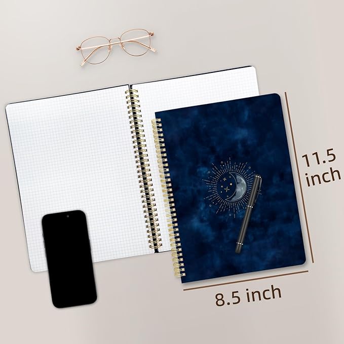 Cute Spiral Notebook journal A4 Aesthetic Pretty Design for Women Girls Kawaii with Pocket, 8.5 x 11 inch, Graph, Blue Moon