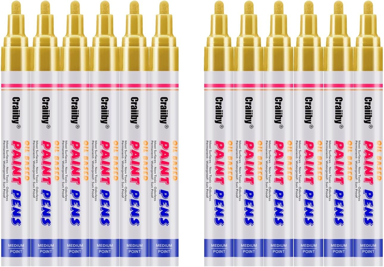 Paint Markers, 12 Pack Oil-Based Waterproof Quick Dry Permanent Paint Pen Set for Rocks Painting, Wood, Fabric, Plastic, Canvas, Glass, Mugs, Metal, Tire, Stone, DIY Craft (Gold)