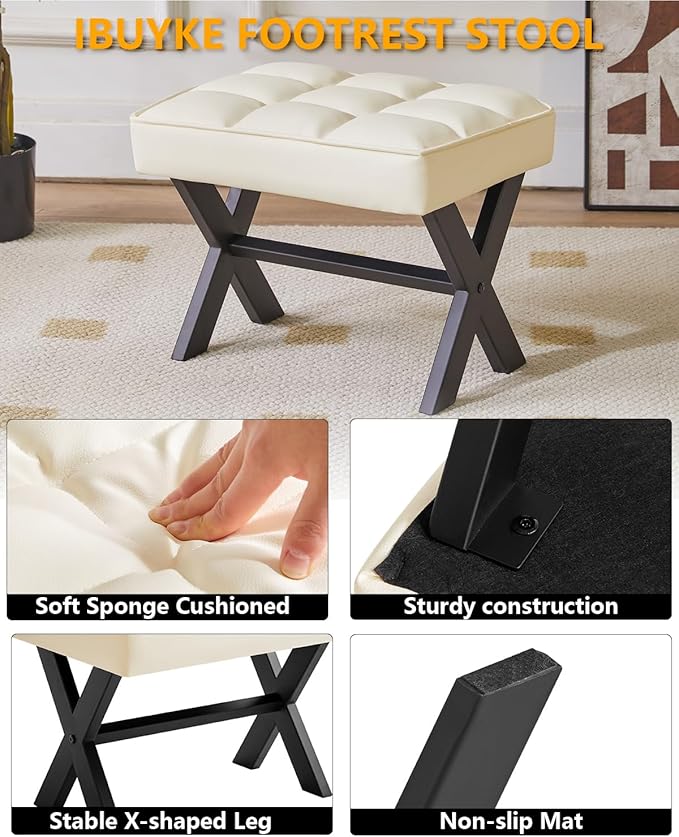 IBUYKE Small 12" H Footrest Stool, Square PU Foot Stool with Metal X-Leg, Multi-Use as Small Side Table, Step Stool for Living Room, Bedroom, Entryway, Office, White WBD012W