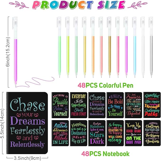 48 Pcs Mini Inspirational Notebooks Bulk with 48 Pcs Colorful Pens, Small Pocket Journal Notepads Set, Motivational Bulk Gifts for Women Men Teacher Student Kids, Fun School Office Supplies,3.5"x5.5"