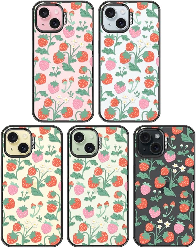 MOSNOVO Case for iPhone 15, [10ft 4X Military-Grade Drop Protection] Durable & Shockproof Phone Case Cover Design for iPhone 15 - Strawberry Garden - Clear Black