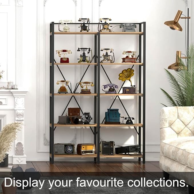 BON AUGURE Industrial Bookshelves and Bookcases, 5 Tier Heavy Duty Etagere Shelving Unit, Farmhouse Rustic Wood Metal Book Shelves for Office, Living Room and Bedroom (Vintage Oak)