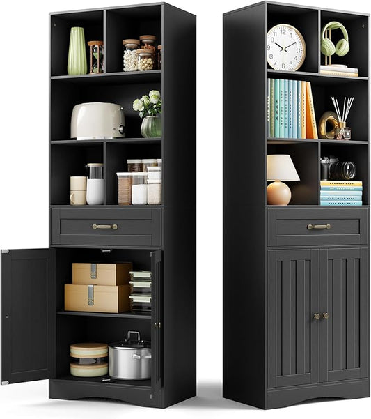 Gizoon 71'' Tall Storage Cabinet, Kitchen Pantry Cabinet with Doors & Drawers, Wooden Storage Organizer for Living Room, Office, Kitchen, with Adjustable Shelves, Anti-tip, Metal Handle, Black