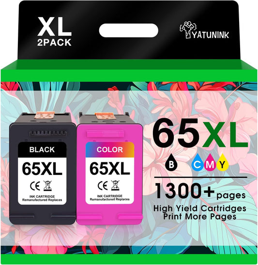 65XL 65 Ink Cartridges Black/Color Combo Pack Compatible for HP Ink 65 Works with Envy 5052 5055 5070 deskje 2600 2622 2652 2655 3700 3755 3772 (1 Black, 1 Color) 2-Pack