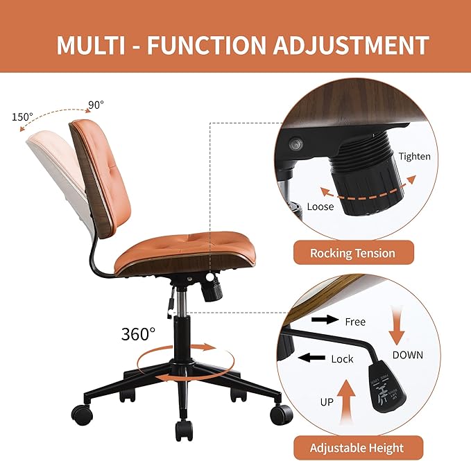 Small Home Office Chair - Armless Mid Back Desk Chair with 360° Swivel and Wheels, PU Upholstered Height Adjustable Modern Walnut Computer Chair for Home, Office Meeting Room - Orange