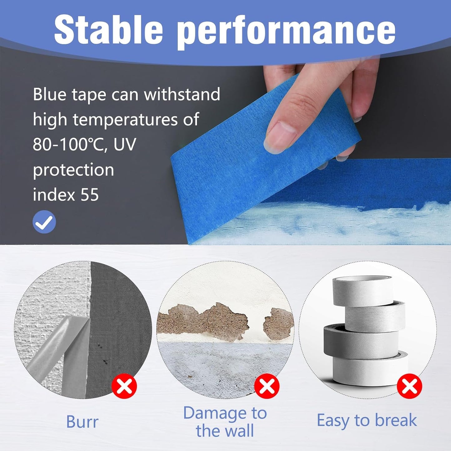 Blue Painters Tape 1.89In x 55Yd Painters Tape 3 Rolls Painters Blue Tape for Wall Masking Edge Treatment Packing DIY Crafts, Home Use