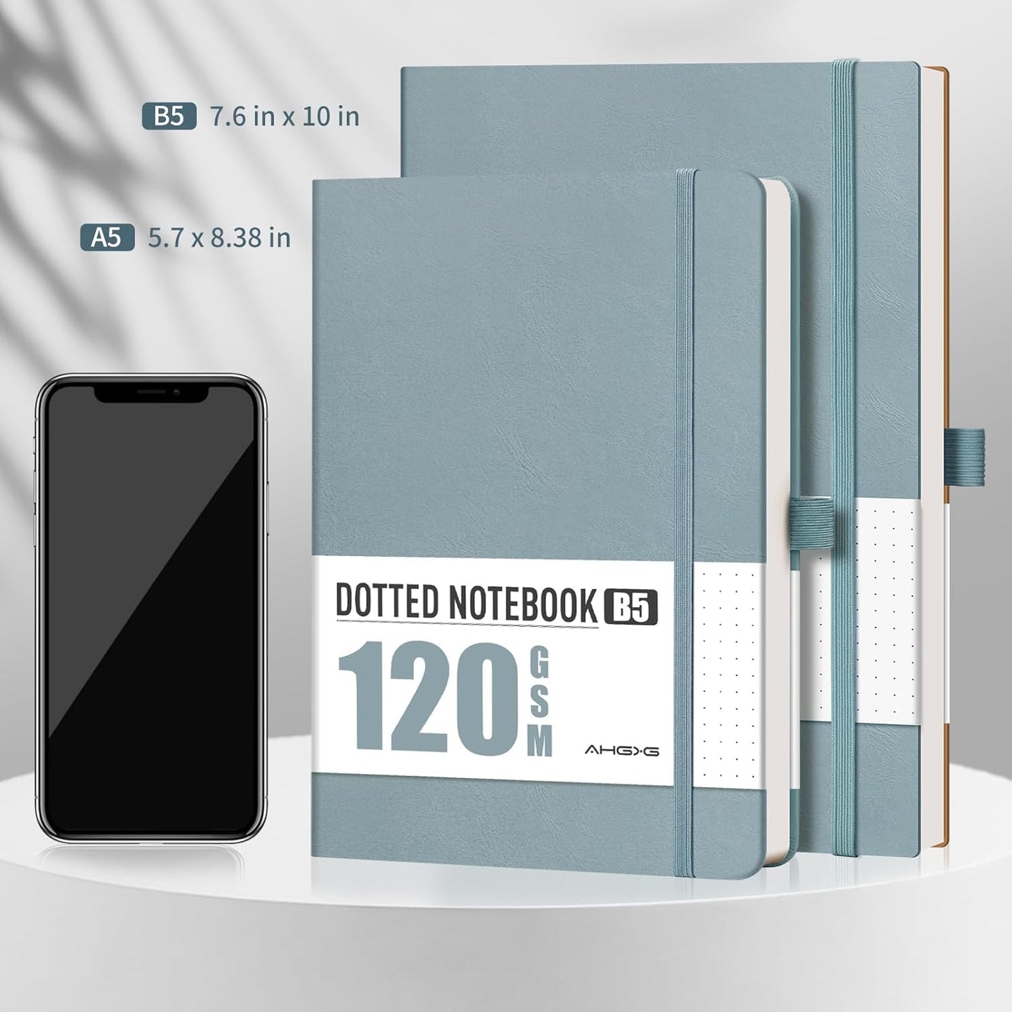 AHGXG Bullet Dotted Journal - Dot Grid Notebook Journal, 120 GSM Thick Acid-Free Paper, Large B5 Dotted Notebook 96 Pages, Leather Softcover, Inner Pocket, Journal Stencil, 7.6'' X 10'' - Gray Blue