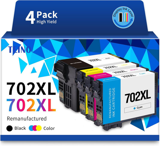 TEINO 702XL Ink Cartridges Combo Pack Remanufactured Ink Cartridge Replacement for Epson 702 XL 702XL T702XL for Epson Workforce Pro WF-3720 WF-3733 WF-3730 Printer (Black Cyan Magenta Yellow, 4-Pack)