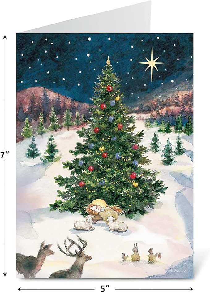 Current Christmas Tree and Manger Christmas Cards with Envelopes - Set of 18 Large 5 x 7-Inch Folded Cards, Religious Holiday Greeting Card Value Pack