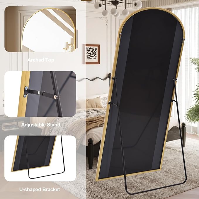Oversized Full Body Mirror 35x78 inch Arched Full Length Mirror with Stand Aluminum Wall Mounted Hanging or Leaning Standing Mirrors,Gold