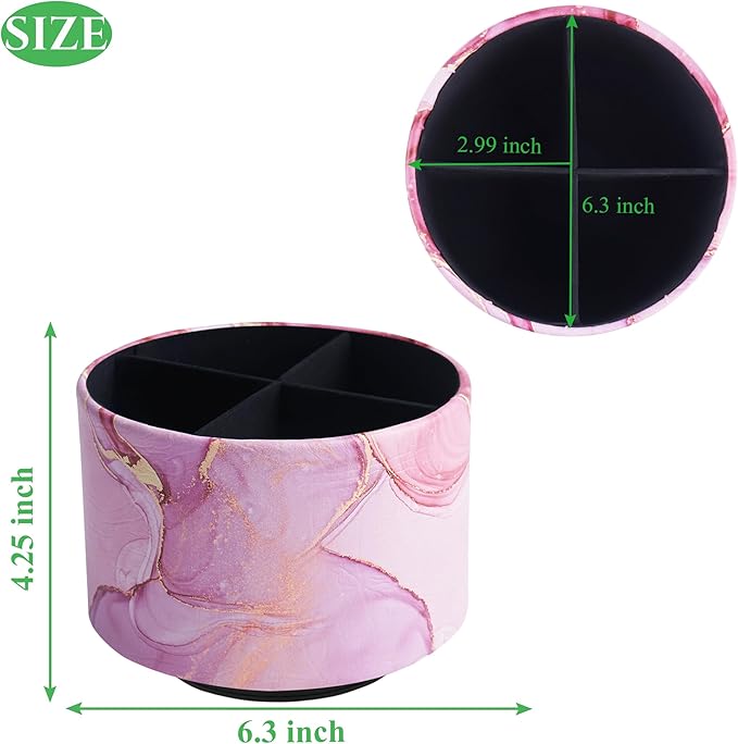 Round Leather Art Supply Organizer,Remote Control Holder,360-degree Rotating Pen Organizer with 4 Compartments(1-Pink Splash Ink)