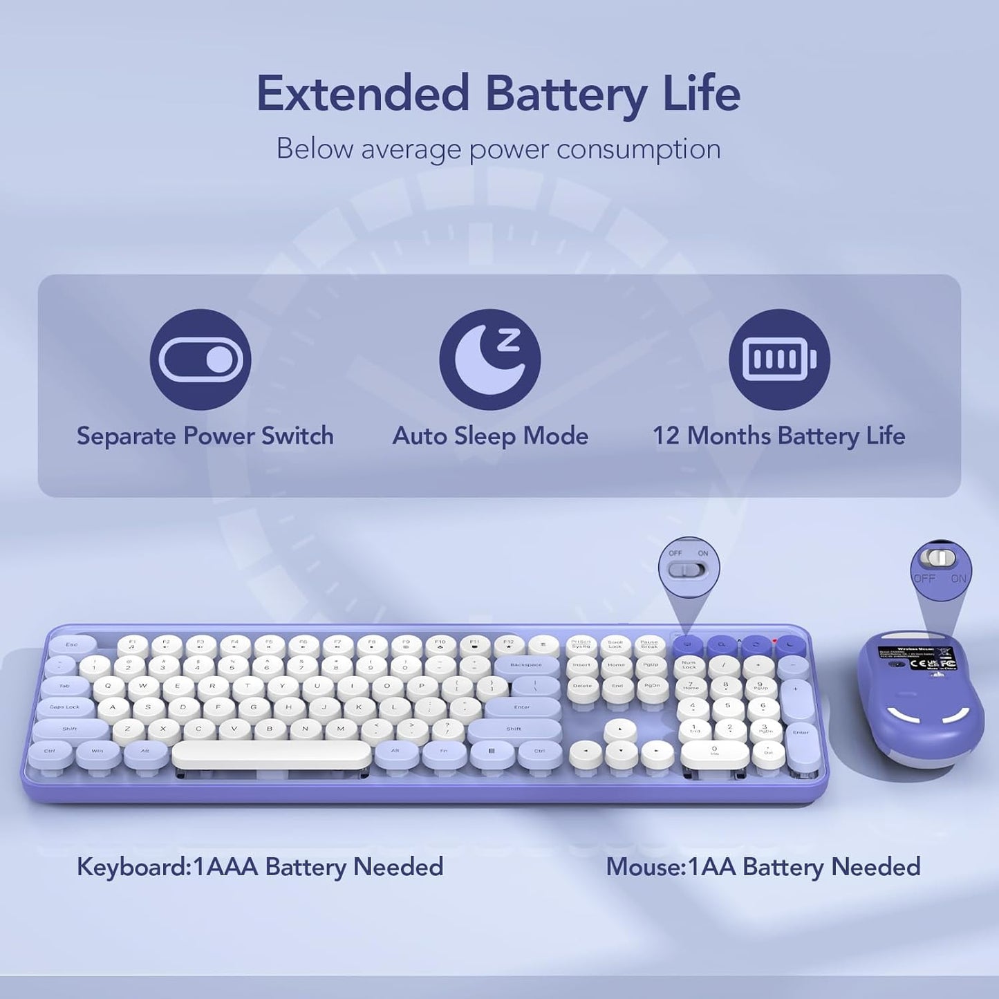 Wireless Keyboard and Mouse Combo, Retro Round Keycap Typewriter Keyboard with Phone/Tablet Holder, Cute Colorful Keyboard for Computer/Laptop/Windows by SABLUTE (Purple)