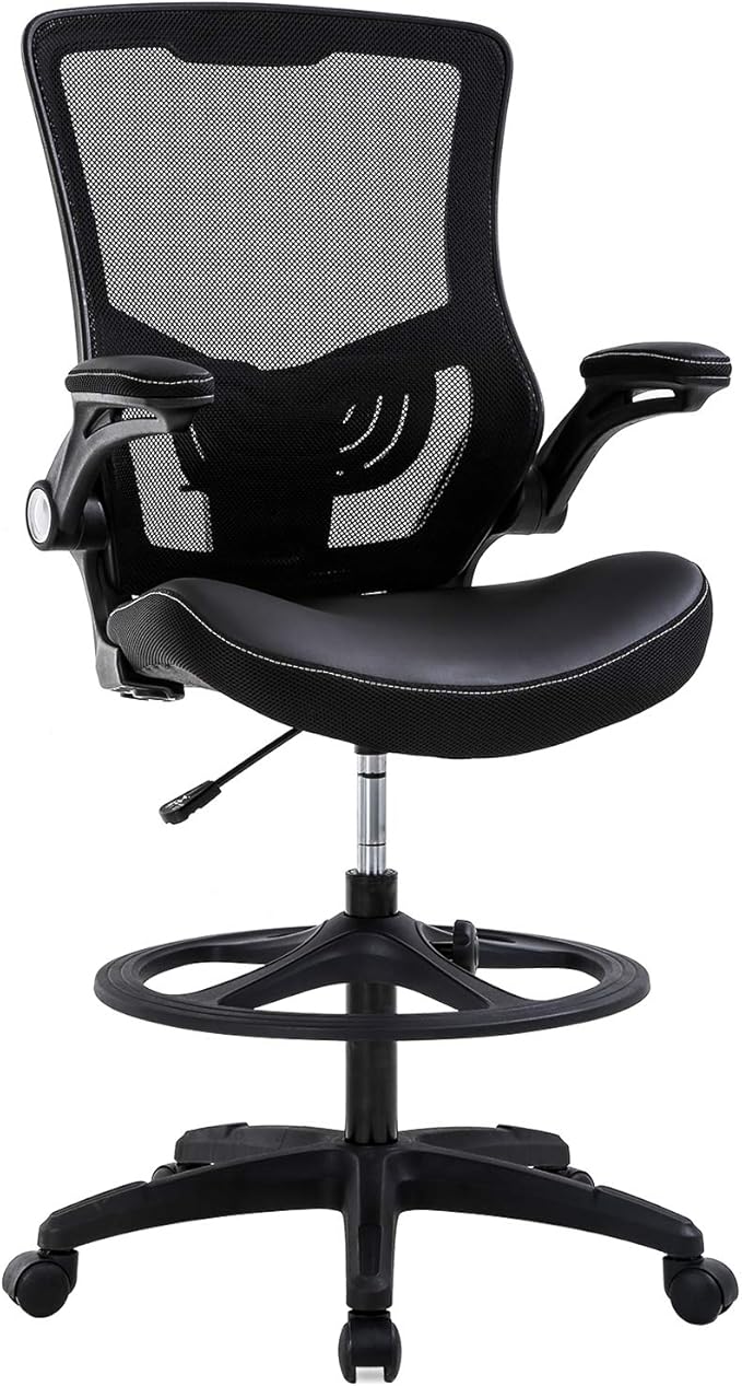 Drafting Chair Ergonomic Tall Office Chair Standing Desk Chair with Flip Up Arms Foot Rest Back Support Adjustable Height Mesh Drafting Stool, Black