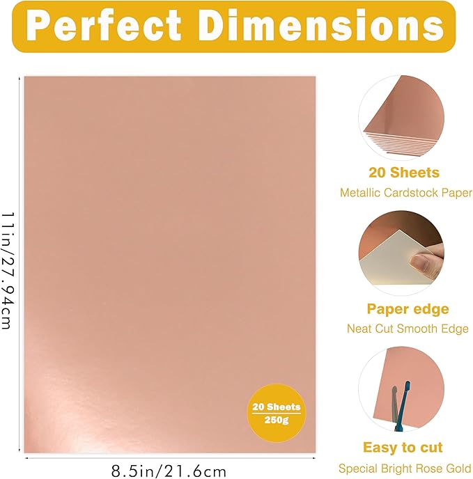 Rose Gold Shimmer Metallic Cardstock Paper - 8.5" x 11" Metallic Paper Square, Golden Foil Mirror Board for Scrapbook, Card Making, Weddings & Birthdays Invitations (20 Sheets Pack, 250gsm) ﻿