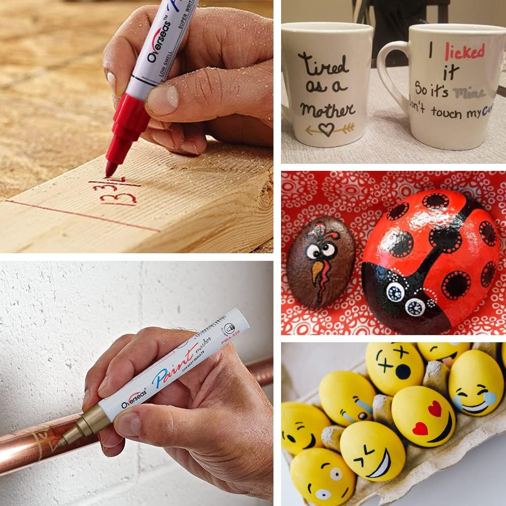 Overseas Permanent Paint Markers Pens - 3 Pack Silver Oil Based Paint Pens, Medium Tip, Quick Drying and Waterproof Marker Pen for Metal, Rock, Wood, Fabric, Plastic, Canvas, Mugs, Stone, Glass