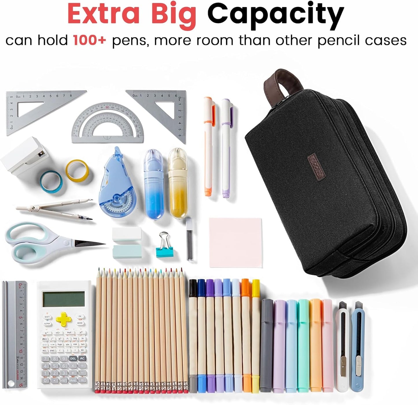 Sooez Large Pencil Case Pouch, Extra Big Pencil Pouch Pencil Bag with PU Handle & Zipper, Sturdy Pen Case with 3 Compartments, Aesthetic School College Supplies Organizer for Men Women Boys, Dark Gray