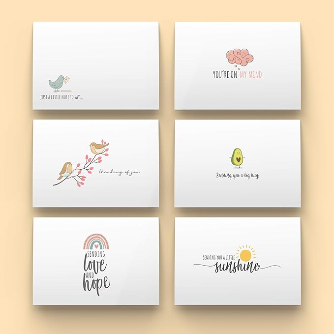 Dessie 30 Fun Thinking of You Cards With Envelopes. 30 4x6 Inch Note Cards With Envelopes Set - Blank Inside. 6 Unique Designs. Assorted Color Envelopes and Gold Seals. Sturdy Storage Box