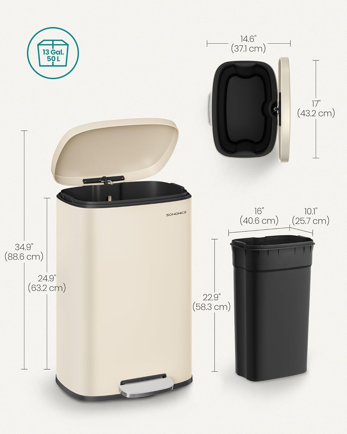 SONGMICS 13 Gallon (50 L) Trash Can, Stainless Steel Kitchen Garbage Can, Recycling or Waste Bin, Soft Close, Step-On Pedal, Removable Inner Bucket, Sand Beige ULTB050A01