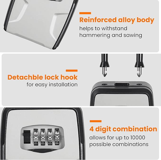 Portable Key Lock Box, Lock Box Wall Mounted for House Key, Car Keys, 6 Key Capacity, Weatherproof Resettable Code (2 Pack, Grey)