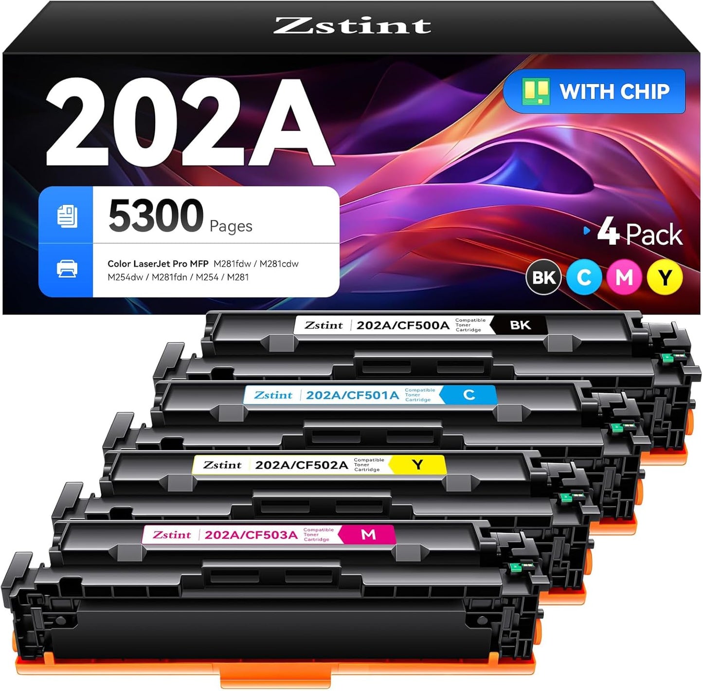 202A Toner Cartridge set 4-Pack Replacement for HP 202A 202X CF500A CF501A CF502A CF503A Compatible with HP Color LaserJet Pro MFP M281cdw M281fdw M254dw M254dn M254nw M281fdn M280nw M254 M281 Printer
