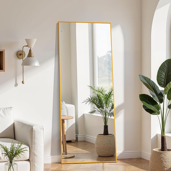 Simple Deluxe Aluminum Frame Mirror, 59"x16" Full Length Mirror with Stand, Free Standing Leaning Mirror Hanging Mounted Mirror for Bathroom Living Room, Gold