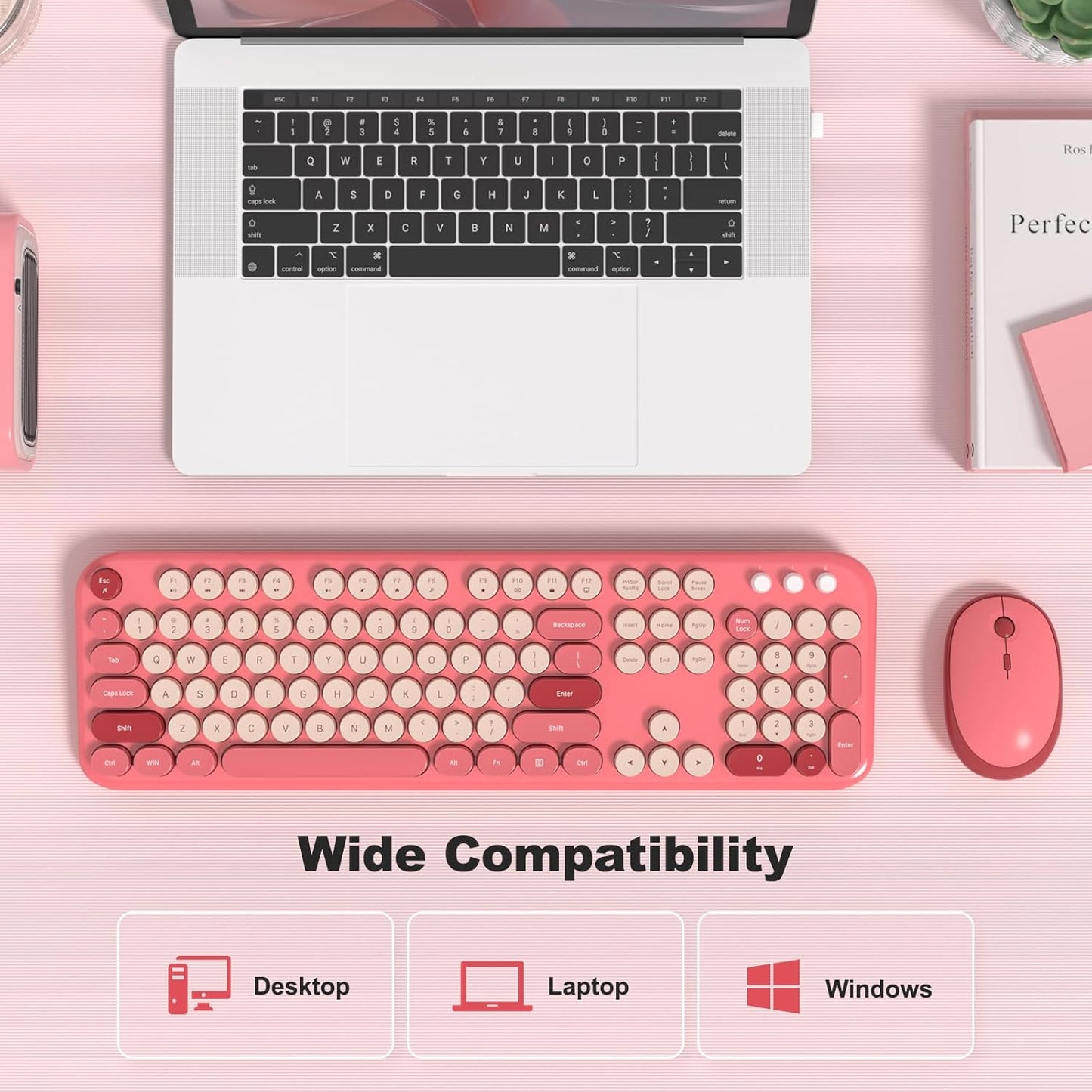 Wireless Keyboard and Mouse Combo, MOWUX Full Size Typewriter Retro Round Computer Keyboard, Cute Optical Mouse Wireless, Plug and Play, for Laptop, PC, Computer- Valentine's Rose