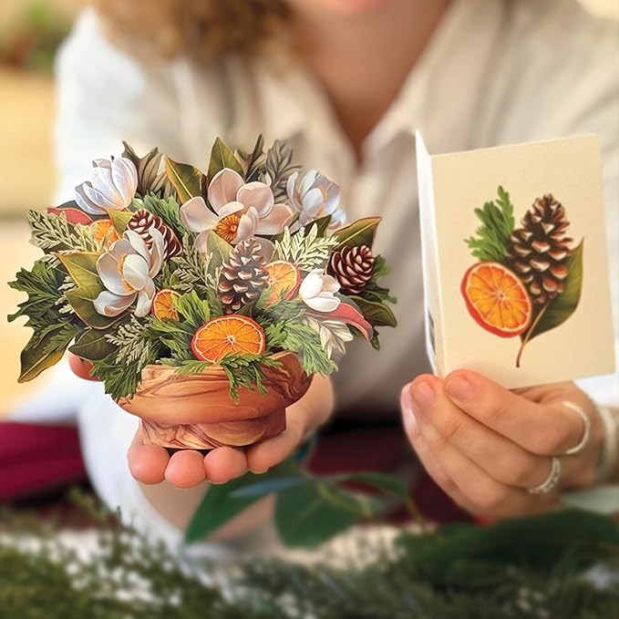 Freshcut Paper Pop Up Cards, Mini Winter Magnolia, 6 Inch Mini Sized Forever Flower Bouquet 3D Popup Greeting Card, Christmas Cards, Holiday Card, Blank Notecard & Envelope