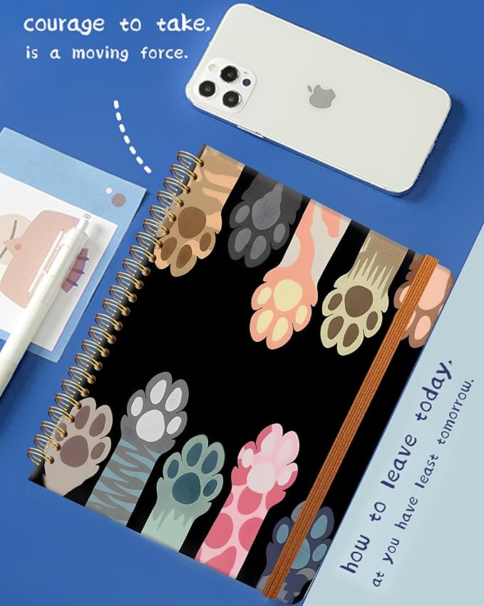 Ruled Spiral Writing Notebook,A5 Hardcover Lined College Journal for Women Lady,Fashion Puppy Watercolor Strong Twin-Wire Binding with Premium Paper,8.4" X 6",Perfect for School,Office,Home Gifts(Cat Animals Paws)