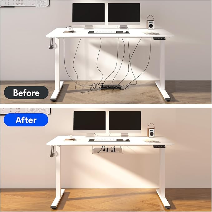 FLEXISPOT EN2 Whole-Piece Standing Desk with Clamp Power Strip, 55 x 28 Electric Stand Up Height Adjustable Desk with Cable Management (White Frame + 55" White Top,2 Packages)