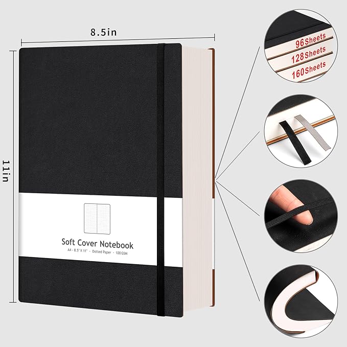 AHGXG Bullet Dotted Journal - Large A4 Notebook Dotted, 8.5''×11'', 320 Pages Dot Grid Notebook, 100gsm Thick Paper, Leather Softcover, with Journal Stencils, Inner Pocket - Black