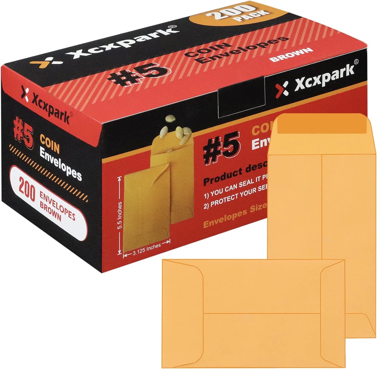 200PCS #5 Coin Envelopes 3.125x5.5 inches Brown Kraft Envelopes Classic Small Parts Gummed Flap for Coins, Cash, Credit Cards, Seeds