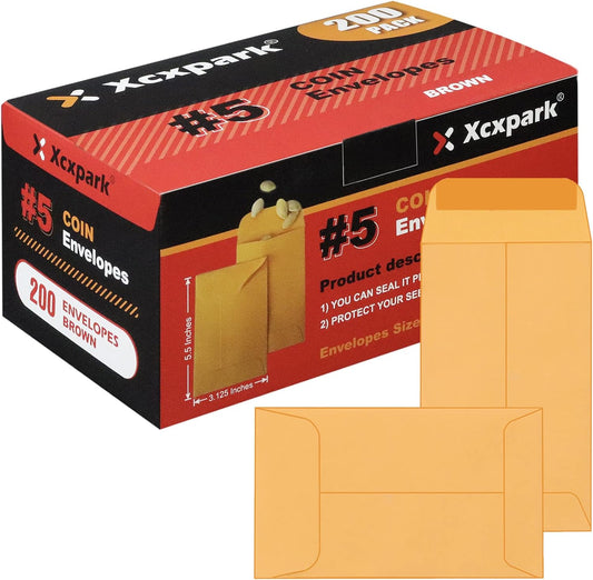 200PCS #5 Coin Envelopes 3.125x5.5 inches Brown Kraft Envelopes Classic Small Parts Gummed Flap for Coins, Cash, Credit Cards, Seeds