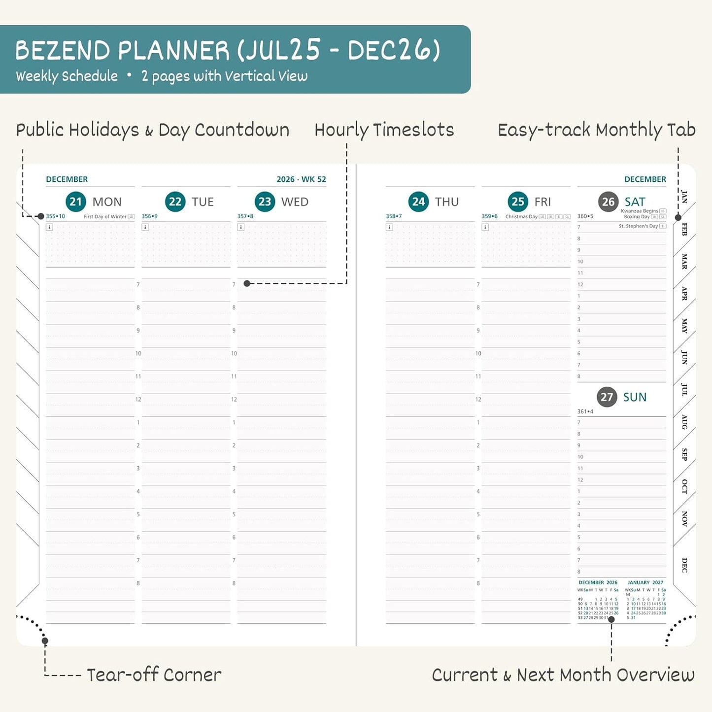 BEZEND Planner 2025-2026 Weekly and Monthly, 5.8" x 8.5" Academic Calendar (Jul 25-Dec 26) Vertical Daily Appointment with Hourly Timeslot & Monthly Tab, PU Leather Hardcover - Turquoise