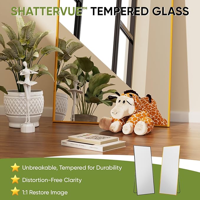 Full-Length Floor Mirror with Stand, 76"x34" Rectangle Style Full Body Standing Mirror for Bedroom, Living Room, Gym, Dorm - Shatter-Resistant & Easy Assembly, Gold