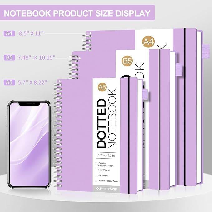 AHGXG Bullet Dotted Journal - Dot Grid Spiral Notebook A5, 160 Pages, 100 GSM Thick Paper, Waterproof Plastic Cover Journals for Bullet Journaling, Sketching, 5.7" x 8.3", Purple