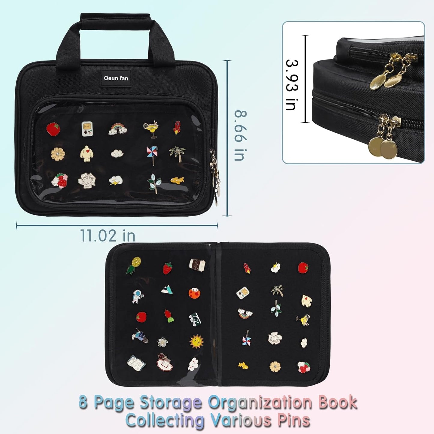 Enamel pin display bag, 8-page pin trading book, collectible pin board, suitable for storing pins, brooches, patches (black)