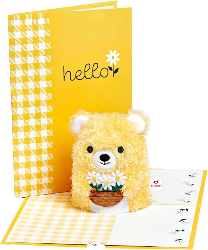 Lovepop Plushpop Soft Animal Pop-Up Card for Her and Him - 3D Bear Thinking of You Greeting Card for Boys, Girls, Men, Women - Hello - 6" x 8" Card - Yellow
