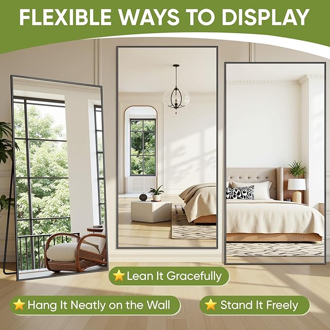 Full-Length Floor Mirror with Stand, 71"x32" Rectangle Style Full Body Standing Mirror for Bedroom, Living Room, Gym, Dorm - Shatter-Resistant & Easy Assembly, Black
