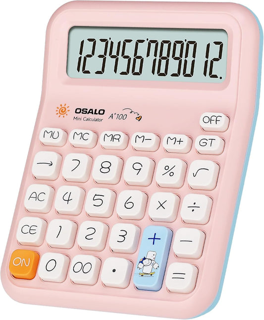Pendancy Pink Calculator for Kids, Cute Small Calculators Desktop 12 Digit, Basic Function Large LCD Display Big Buttons, for Office, School, Home Use OS-A100 (Pink)