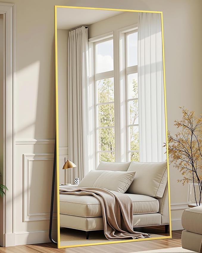 Full-Length Floor Mirror with Stand, 71"x32" Rectangle Style Full Body Standing Mirror for Bedroom, Living Room, Gym, Dorm - Shatter-Resistant & Easy Assembly, Gold