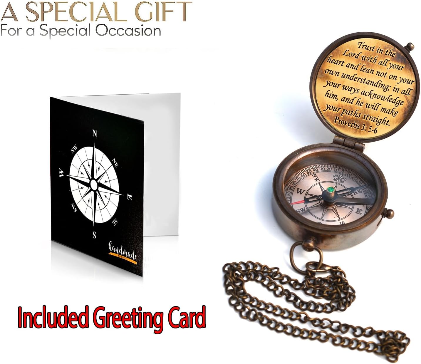 Trust in The Lord With All Your Heart - Proverbs 3:5-6 Quote Engraved Compass With Wooden Box, Greeting Card, Gift Compass, Graduation Day Gifts 2024 for Women Men Boys Girls