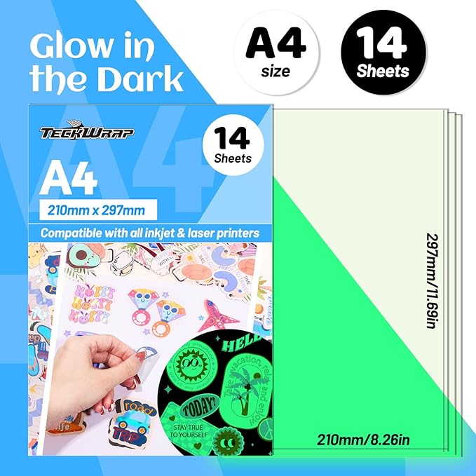 TECKWRAP Printable Vinyl Sticker Paper for Inkjet Printer, Glow in the Dark Vinyl Inkjet Printable Sticker Paper, 8.26" x 11.69" A4 Size for Scrap-booking, Craft Cutters, Home Decor, 14 Sheets/Pack