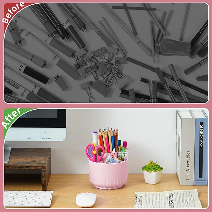 Marbrasse Desk Organizer - 360-Degree Rotating Pen Pencil Holder with 5 Compartments, Art Supply Storage Box Caddy for Office and Home (Pink)